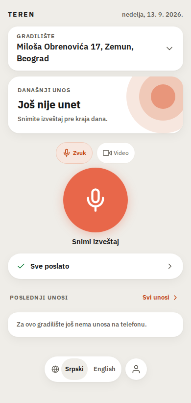 Teren na telefonu: gradilište i dugme za snimanje dana.