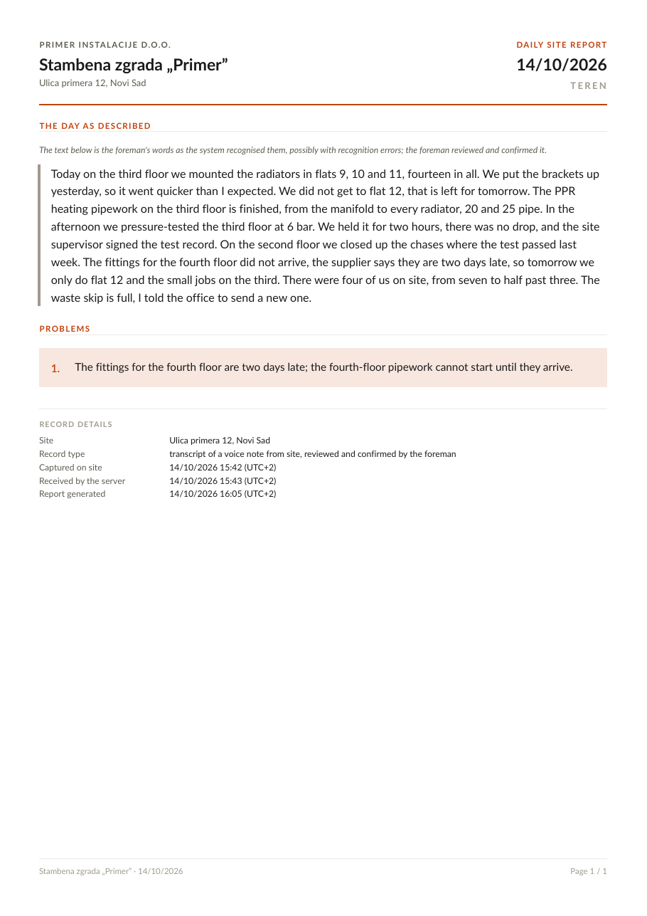 The first page of a sample daily report.